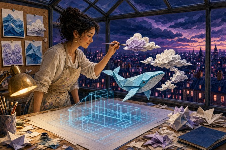 Papercraft artist repainting a single paper cloud above an origami whale unfolding from a glowing blueprint over a dusk city