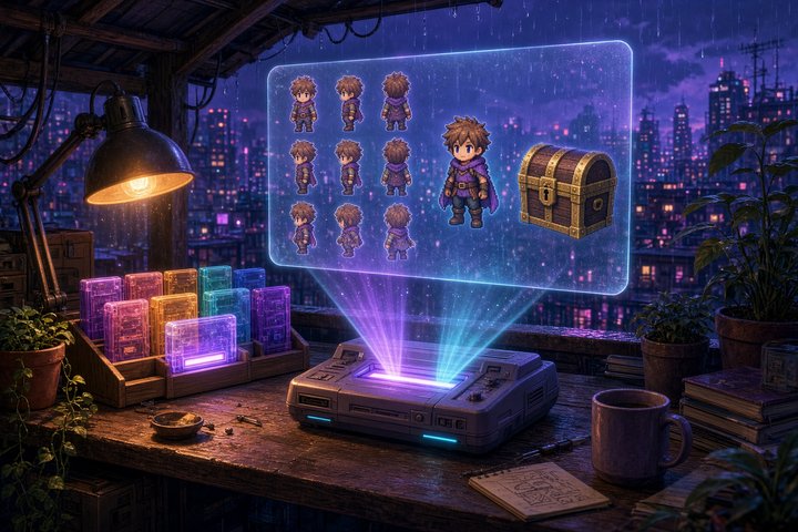 Cozy cyberpunk arcade workshop at night where glowing game cartridges slotted into a retro console project a sprite-sheet character, a pixel-art hero and a small 3D treasure chest onto a floating canvas