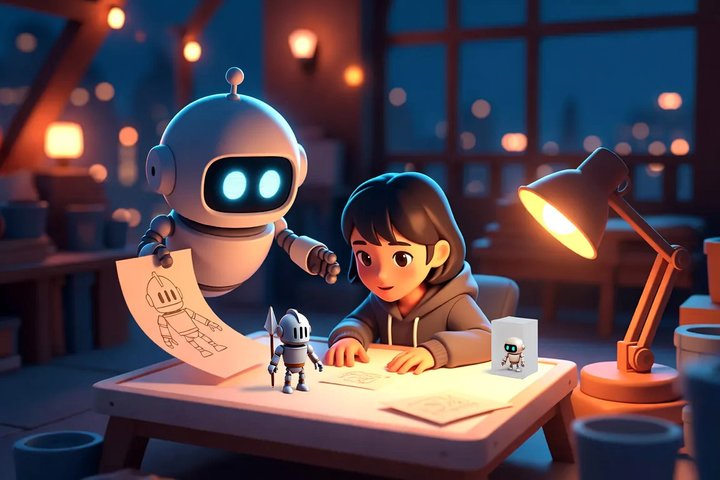 A friendly round robot hands a knight concept sketch to a young game maker in a hoodie at a glowing night-time worktable, where a small 3D knight figure already stands beside the drawing