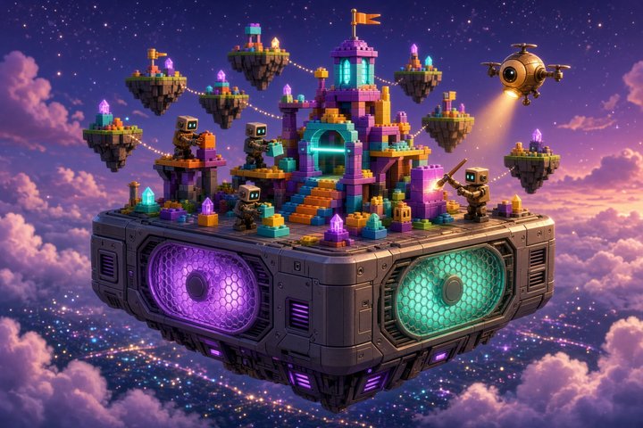 Tiny blocky robot builders stack a colorful obby tower of floating sky islands on top of a glowing graphics card in a dusk sky, while a small camera drone with a gold lamp inspects their work