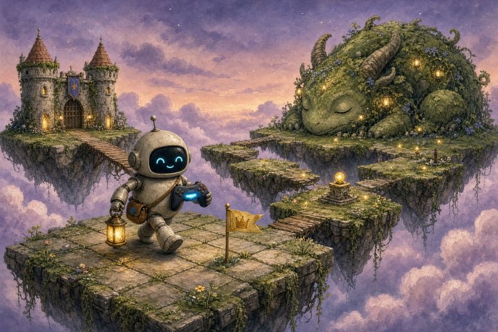 A friendly round robot playtester with a glowing game controller and a lantern walks across floating stone platforms at dusk, past a small gold flag, with a little castle on one island and a sleeping moss-covered dragon on another