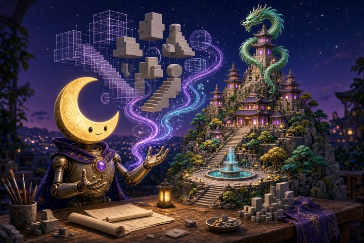 A friendly glowing crescent-moon robot architect conducts floating blueprints that fold into a miniature hillside fantasy city with a temple, streets and a tiny dragon, above a dusk workbench