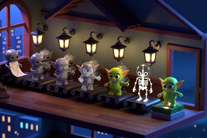 A cozy lantern-lit dollhouse workshop at night where a cute goblin moves along conveyor belts from pencil sketch to clay sculpt, wireframe, painted model and glowing skeleton rig before stepping onto a glowing game platform