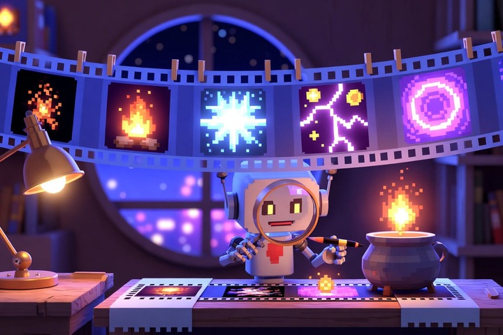 A cute robot artist with a magnifying lens and brush in a cozy night workshop, under a filmstrip of glowing pixel-art effect frames (fire, frost burst, lightning, portal), beside a cauldron releasing a pixel fireball