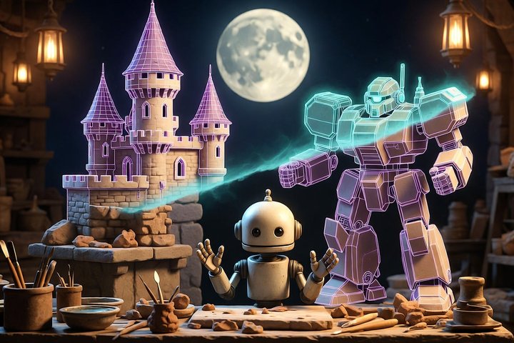 A friendly robot sculptor at a moonlit workbench raising its hands as a stone castle and a wireframe mecha take shape into 3D models above it