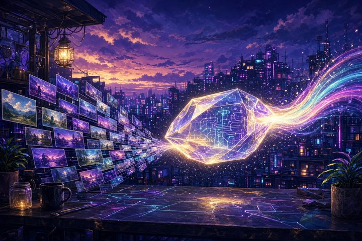 Magazine cover: translucent glowing decoder crystal above streaming video frames that compress into a ribbon of motion light, dusk indigo night-city workshop.