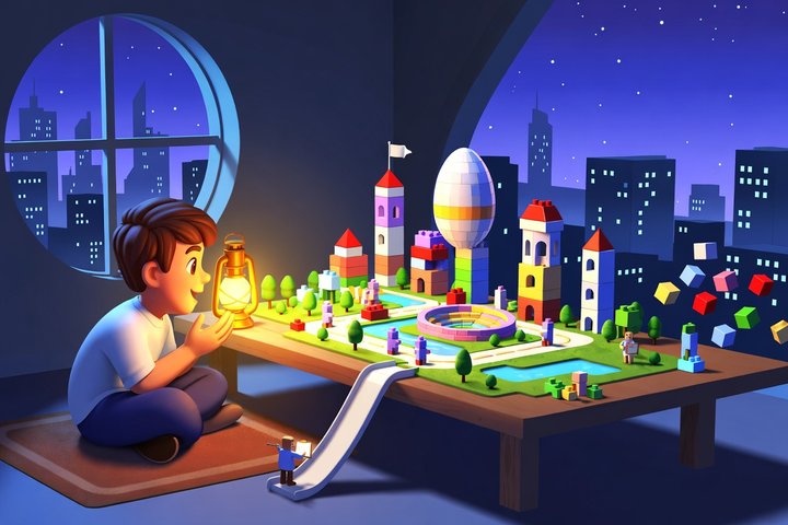 A cozy night-time workshop where a young builder speaks into a glowing lantern and a toy-like block city assembles itself on the table, while small figures walk its streets