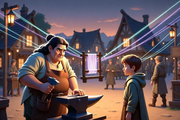 A blacksmith at her anvil talks with a young traveler in a dusk village square while a small glowing loom weaves lilac and aqua threads out to every lantern and villager